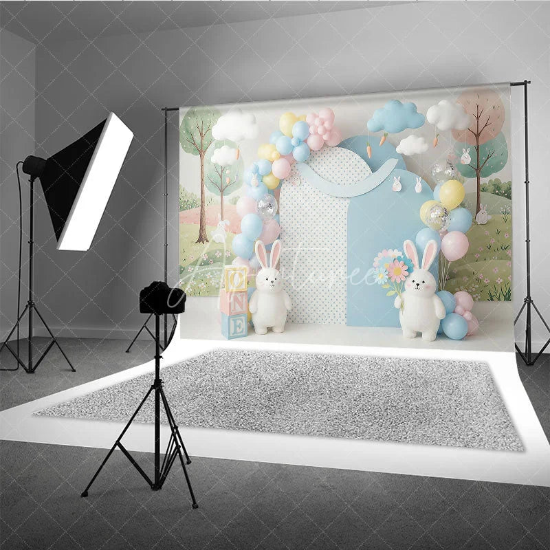 Aperturee - Aperturee Easter Bunny and Pastel Balloon Backdrop Cute Rabbit Spring Flowers and Clouds Photo Background for Kids Birthday