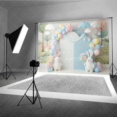 Aperturee - Aperturee Easter Bunny and Pastel Balloon Backdrop Cute Rabbit Spring Flowers and Clouds Photo Background for Kids Birthday