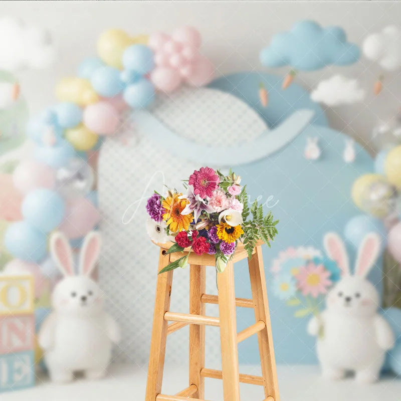 Aperturee - Aperturee Easter Bunny and Pastel Balloon Backdrop Cute Rabbit Spring Flowers and Clouds Photo Background for Kids Birthday