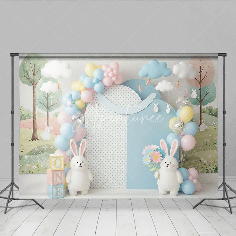 Aperturee - Aperturee Easter Bunny and Pastel Balloon Backdrop Cute Rabbit Spring Flowers and Clouds Photo Background for Kids Birthday