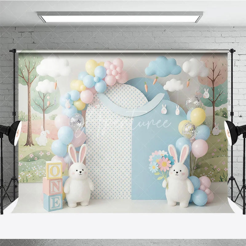 Aperturee - Aperturee Easter Bunny and Pastel Balloon Backdrop Cute Rabbit Spring Flowers and Clouds Photo Background for Kids Birthday