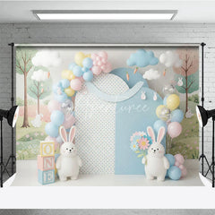 Aperturee - Aperturee Easter Bunny and Pastel Balloon Backdrop Cute Rabbit Spring Flowers and Clouds Photo Background for Kids Birthday