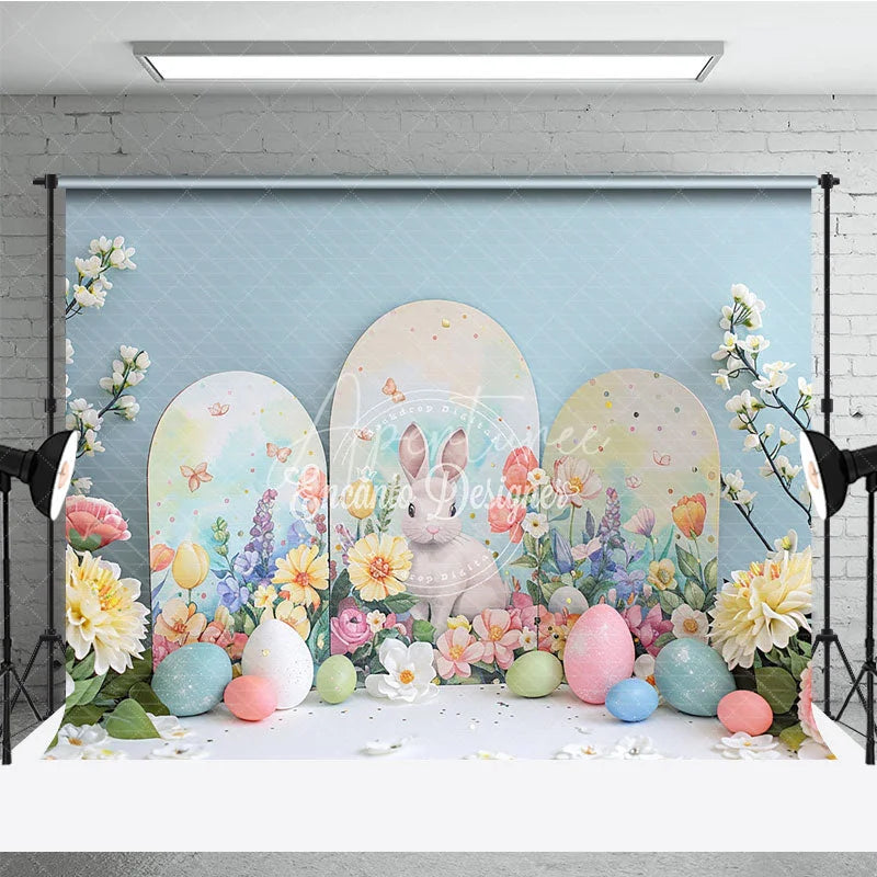 Aperturee - Aperturee Easter Bunny Arched Panels Backdrop Spring Floral Garden and Pastel Eggs Party Decoration