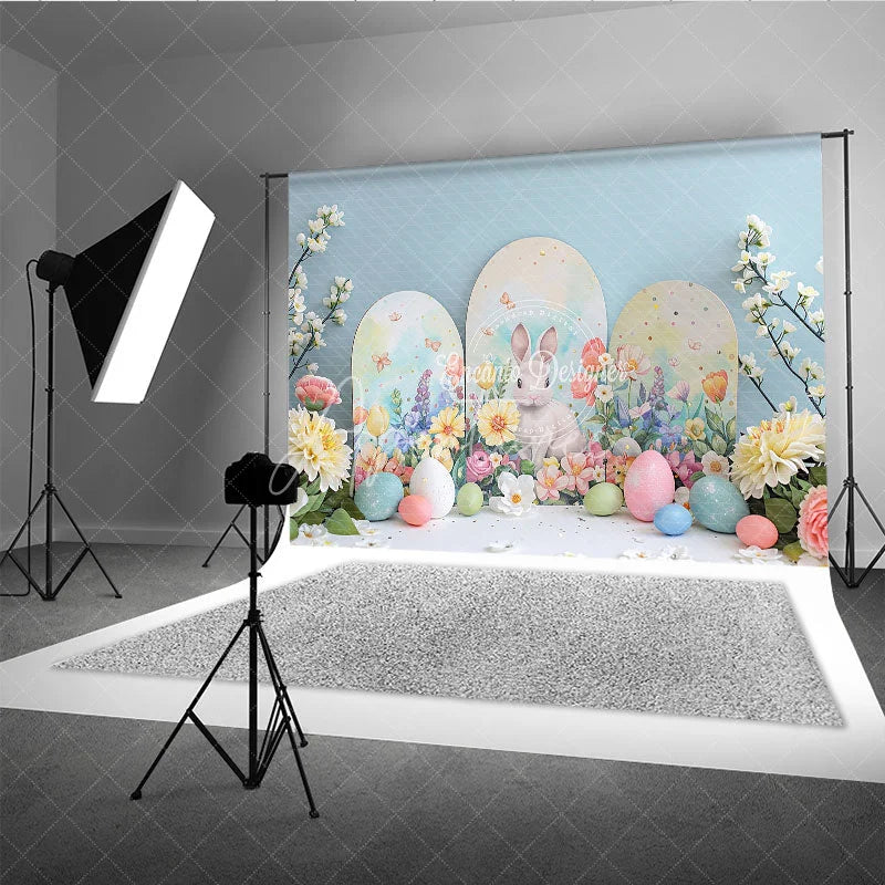 Aperturee - Aperturee Easter Bunny Arched Panels Backdrop Spring Floral Garden and Pastel Eggs Party Decoration