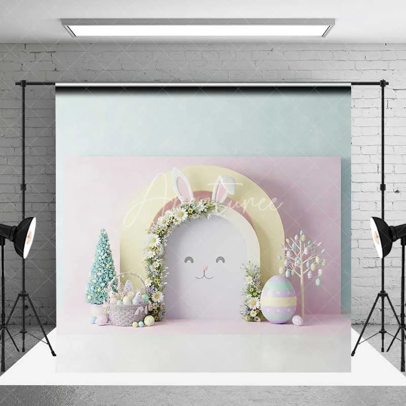 Aperturee - Aperturee Easter Bunny Face Backdrop Pink Floral Arch Ears Background Spring Pastel Eggs Baby Shower Birthday Party Prop