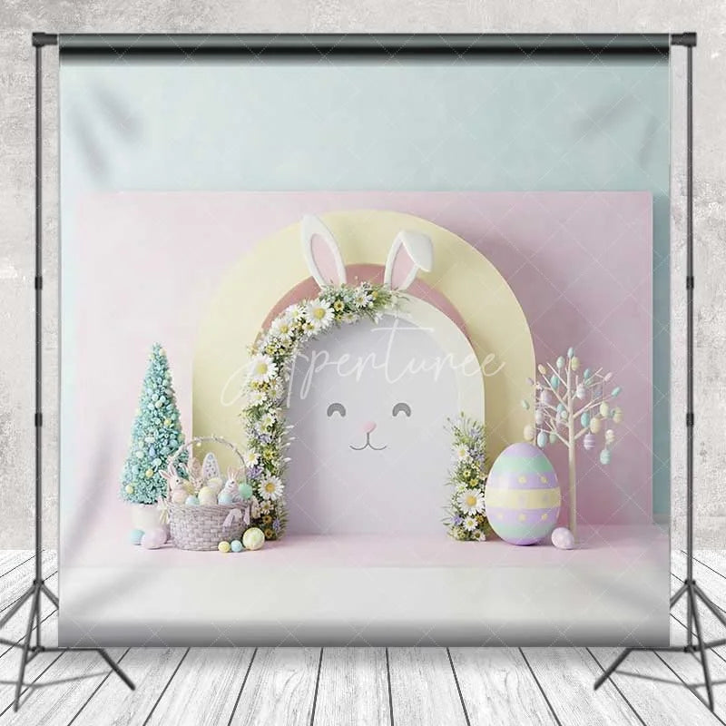 Aperturee - Aperturee Easter Bunny Face Backdrop Pink Floral Arch Ears Background Spring Pastel Eggs Baby Shower Birthday Party Prop