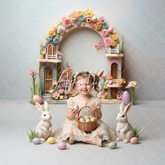 Aperturee - Aperturee Easter Bunny Floral Arch Combo Set Backdrop Pastel Spring Eggs and Whimsical Fairy House Party Decor