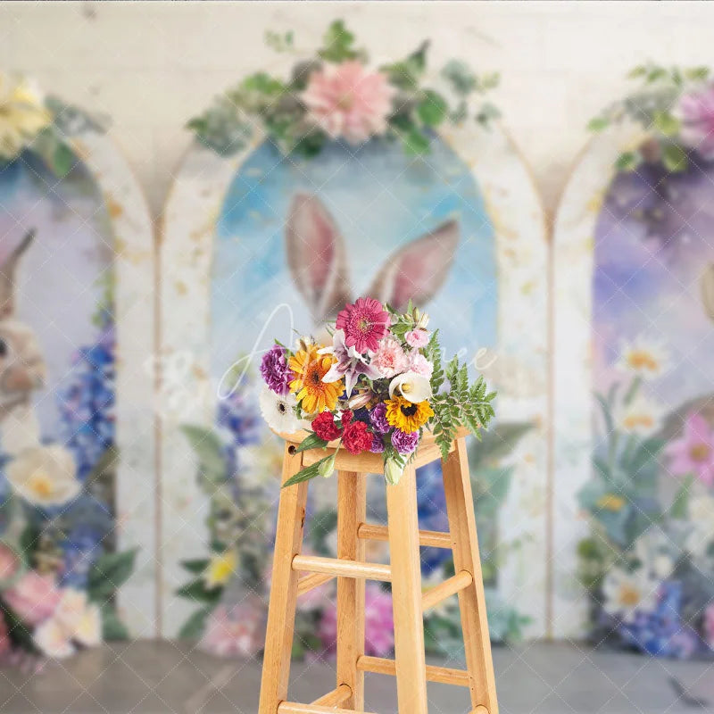 Aperturee - Aperturee Easter Bunny Golden Arch Backdrop Purple Flowers and Spring Rabbit Portrait Background