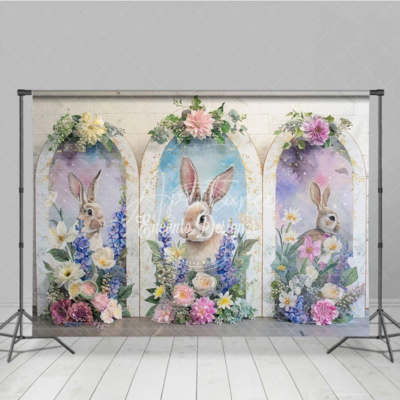 Aperturee - Aperturee Easter Bunny Golden Arch Backdrop Purple Flowers and Spring Rabbit Portrait Background