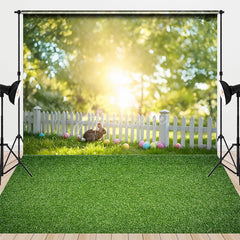 Aperturee - Aperturee Easter Bunny Grass Combo Set Backdrop Spring Sunlight and Picket Fence Party Background