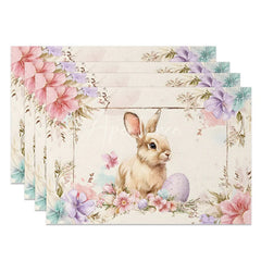 Aperturee - Aperturee Easter Bunny Purple Egg Set of 4 Placemats Pink Floral Rabbit Table Mats for Spring Holiday