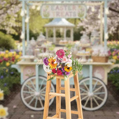Aperturee - Aperturee Easter Candy Cart Backdrop Spring Garden Sweet Station Background Floral Tulip Treat Wagon Birthday Party Prop