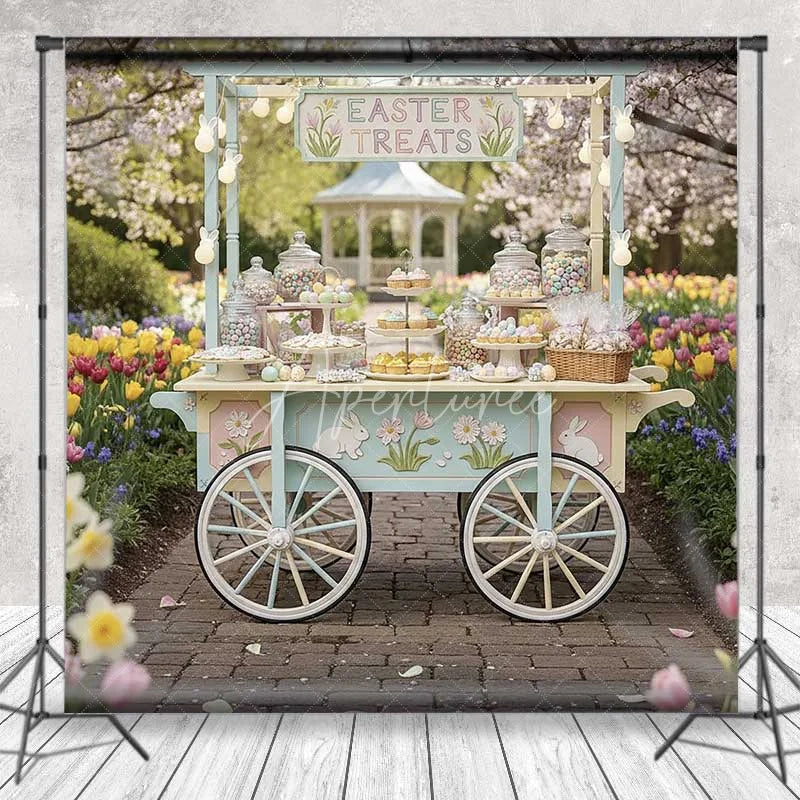 Aperturee - Aperturee Easter Candy Cart Backdrop Spring Garden Sweet Station Background Floral Tulip Treat Wagon Birthday Party Prop