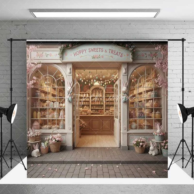 Aperturee - Aperturee Easter Candy Shop Backdrop Hoppy Sweets Storefront Background Spring Floral Bunny Bakery Birthday Party Prop