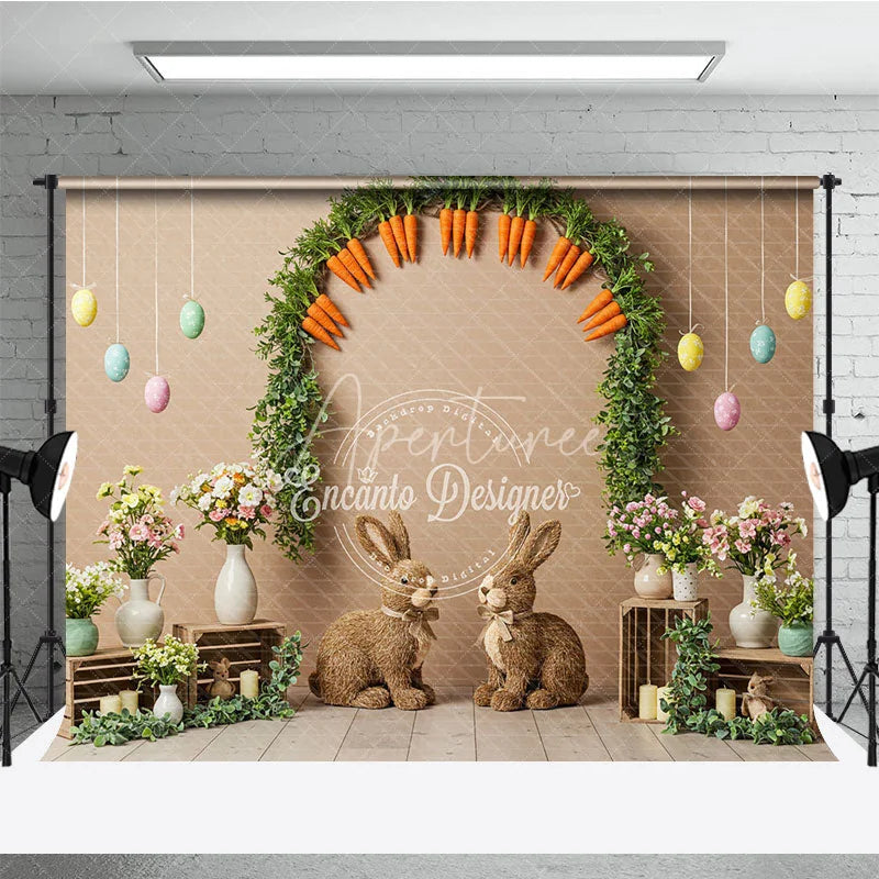 Aperturee - Aperturee Easter Carrot Arch and Bunny Backdrop Spring Garden Egg Hunt Photography Background