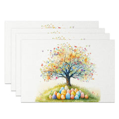Aperturee - Aperturee Easter Colorful Tree Set of 4 Placemats Rainbow Eggs Heart Leaves Table Mats Spring Holiday Kitchen Decor