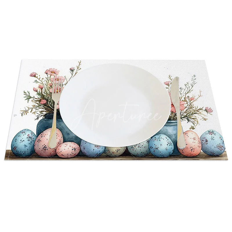 Aperturee - Aperturee Easter Cross Pink Flower Set of 4 Placemats Blue Pot Speckled Eggs Table Mats Spring Holiday Religious Decor