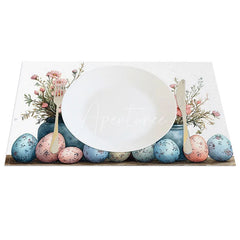 Aperturee - Aperturee Easter Cross Pink Flower Set of 4 Placemats Blue Pot Speckled Eggs Table Mats Spring Holiday Religious Decor