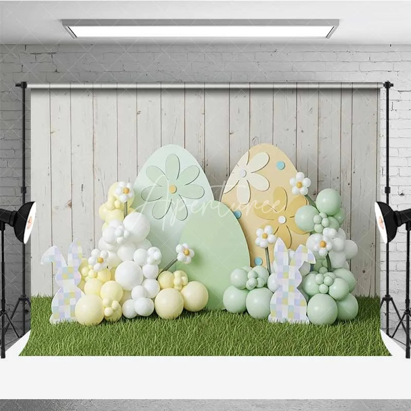 Aperturee - Aperturee Easter Decoration Backdrop Daisy Pattern Eggs Balloon Clouds Photography Background Spring Party Decoration