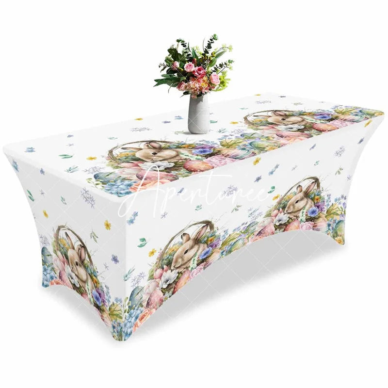 Aperturee - Aperturee Easter Egg Spring Flower Cute Rabbit Stretch Table Cover