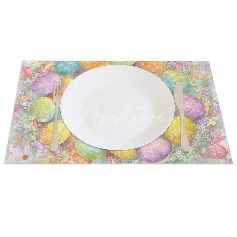 Aperturee - Aperturee Easter Egg Wreath Set of 4 Placemats Cute Grey Bunny Colorful Spring Floral Table Mats for Party