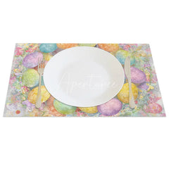 Aperturee - Aperturee Easter Egg Wreath Set of 4 Placemats Cute Grey Bunny Colorful Spring Floral Table Mats for Party