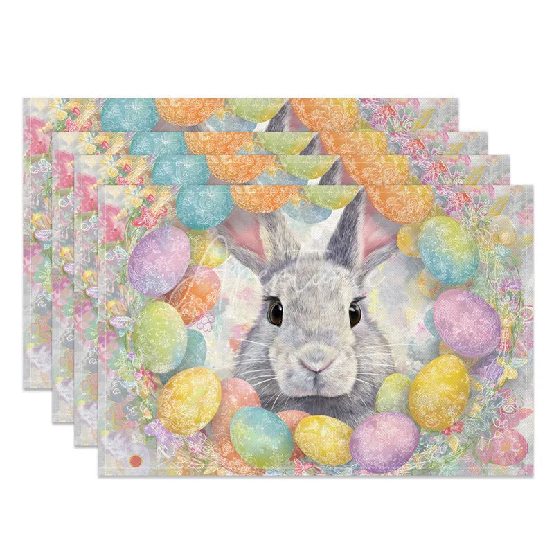 Aperturee - Aperturee Easter Egg Wreath Set of 4 Placemats Cute Grey Bunny Colorful Spring Floral Table Mats for Party