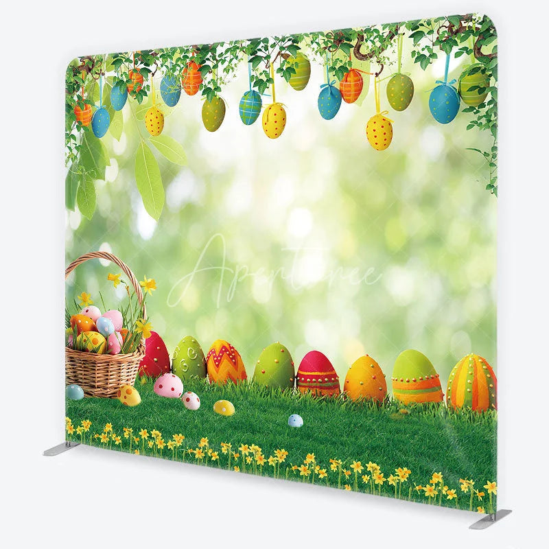 Aperturee - Aperturee Easter Eggs in Basket on Green Grass Backdrop Spring Garden Hanging Eggs Decor Tension Fabric Backdrop