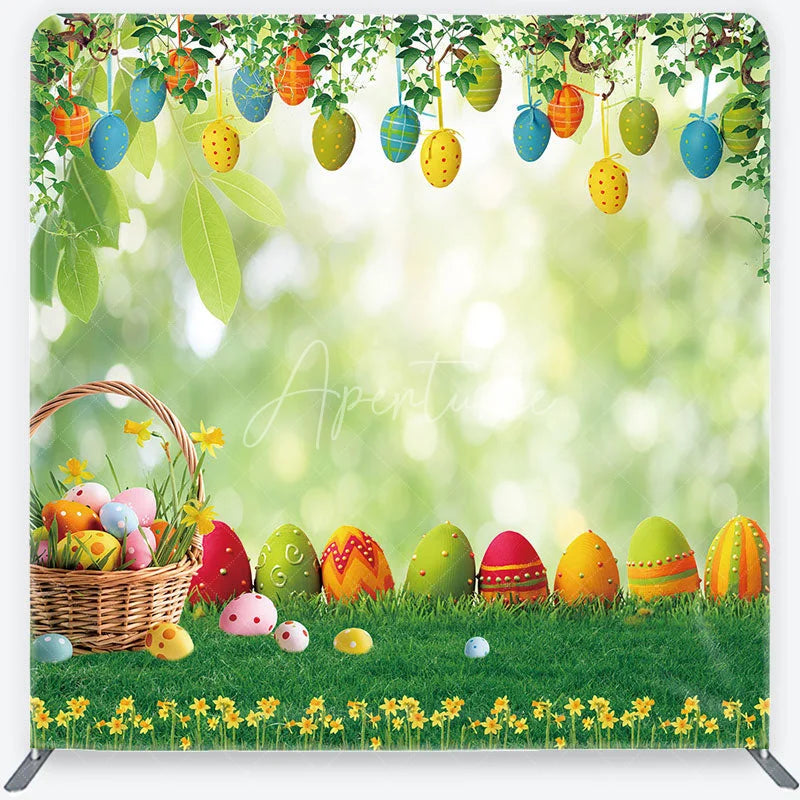 Aperturee - Aperturee Easter Eggs in Basket on Green Grass Backdrop Spring Garden Hanging Eggs Decor Tension Fabric Backdrop