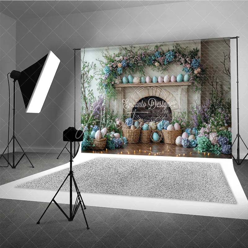 Aperturee - Aperturee Easter Fireplace and Floral Mantel Backdrop Spring Egg Basket and Hydrangea Photography Background