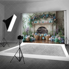Aperturee - Aperturee Easter Fireplace and Floral Mantel Backdrop Spring Egg Basket and Hydrangea Photography Background