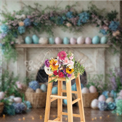 Aperturee - Aperturee Easter Fireplace and Floral Mantel Backdrop Spring Egg Basket and Hydrangea Photography Background