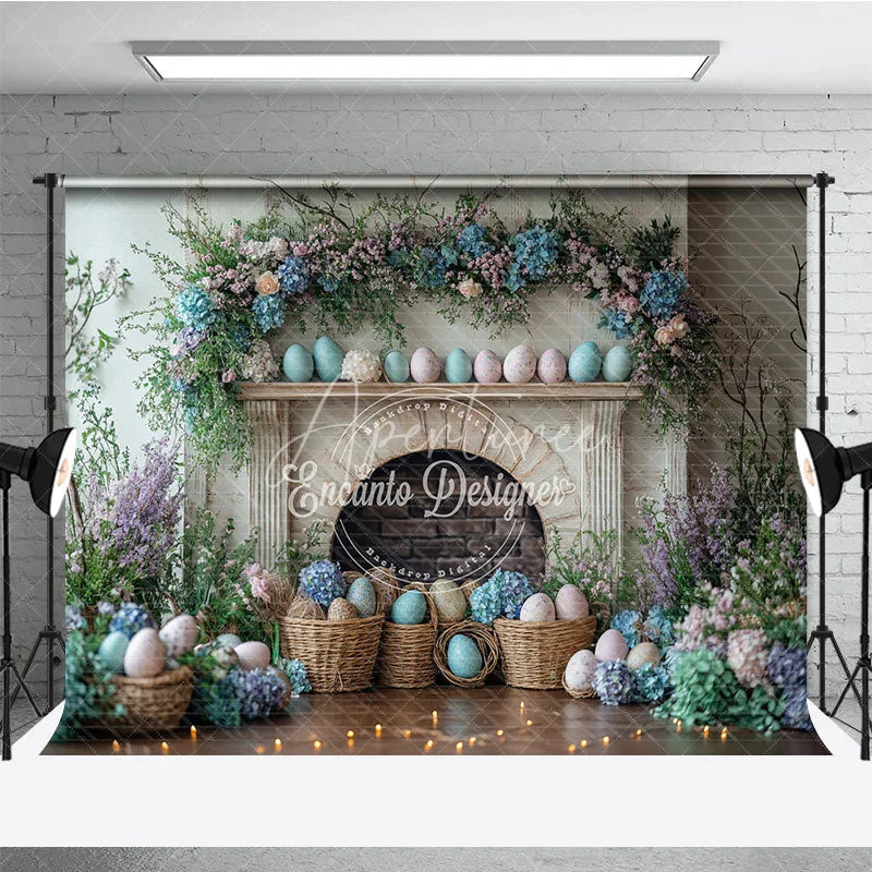 Aperturee - Aperturee Easter Fireplace and Floral Mantel Backdrop Spring Egg Basket and Hydrangea Photography Background