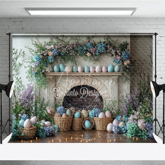 Aperturee - Aperturee Easter Fireplace and Floral Mantel Backdrop Spring Egg Basket and Hydrangea Photography Background