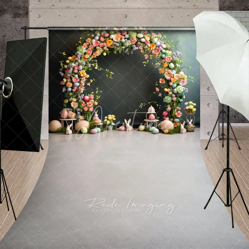 Aperturee - Aperturee Easter Floral Arch Backdrop Pastel Eggs and Bunny Statues on Moss Elegant Spring Celebration Background