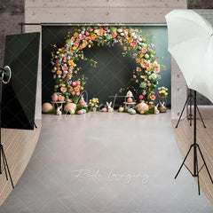 Aperturee - Aperturee Easter Floral Arch Backdrop Pastel Eggs and Bunny Statues on Moss Elegant Spring Celebration Background