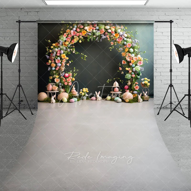 Aperturee - Aperturee Easter Floral Arch Backdrop Pastel Eggs and Bunny Statues on Moss Elegant Spring Celebration Background