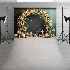 Aperturee - Aperturee Easter Floral Arch Backdrop Pastel Eggs and Bunny Statues on Moss Elegant Spring Celebration Background
