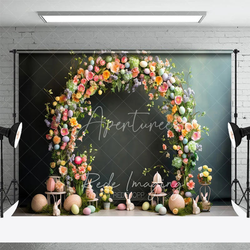 Aperturee - Aperturee Easter Floral Arch Backdrop Pastel Eggs and White Bunnies Spring Photography Background for Kids Portrait Props