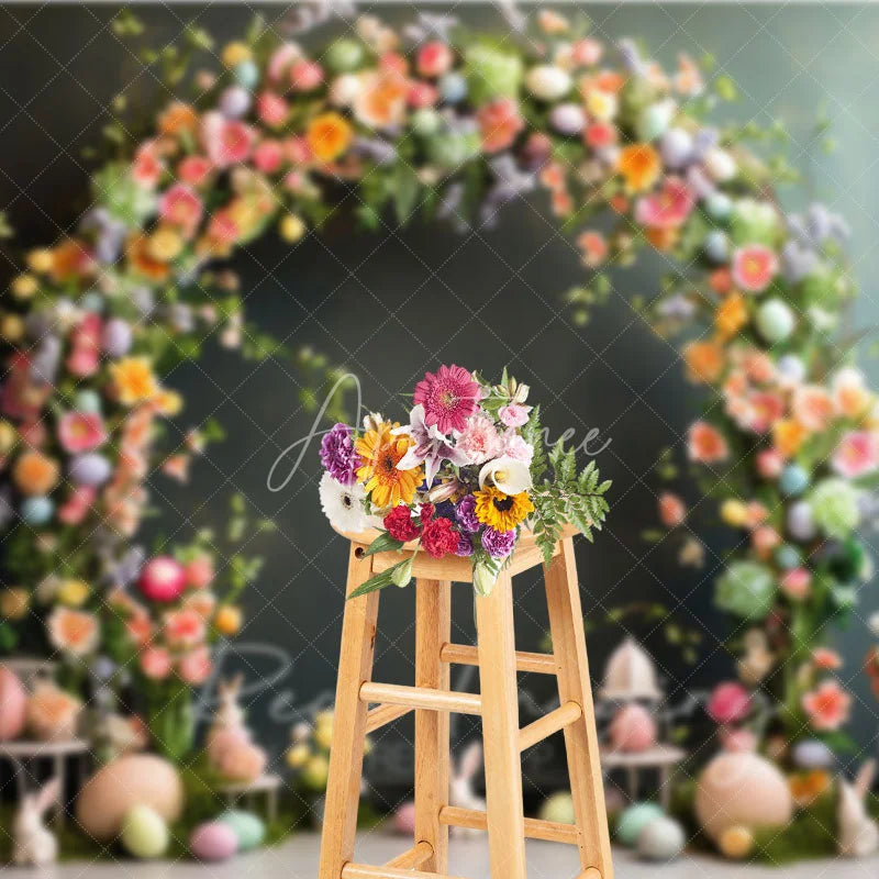 Aperturee - Aperturee Easter Floral Arch Backdrop Pastel Eggs and White Bunnies Spring Photography Background for Kids Portrait Props