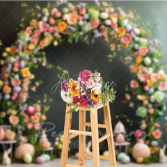 Aperturee - Aperturee Easter Floral Arch Backdrop Pastel Eggs and White Bunnies Spring Photography Background for Kids Portrait Props