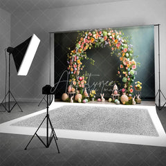Aperturee - Aperturee Easter Floral Arch Backdrop Pastel Eggs and White Bunnies Spring Photography Background for Kids Portrait Props