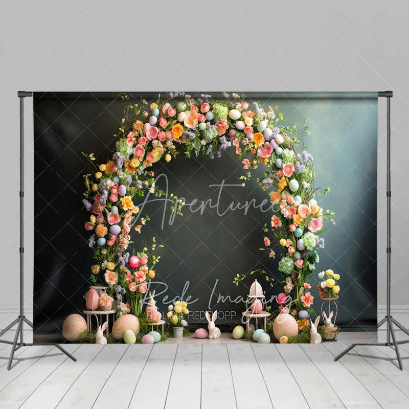 Aperturee - Aperturee Easter Floral Arch Backdrop Pastel Eggs and White Bunnies Spring Photography Background for Kids Portrait Props