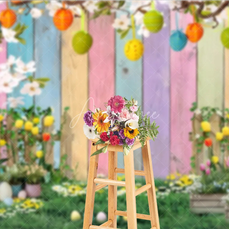 Aperturee - Aperturee Easter Garden Backdrop Bunny and Colorful Eggs with Tulip Flowers Background Spring Pastel Wood Fence Party Decor