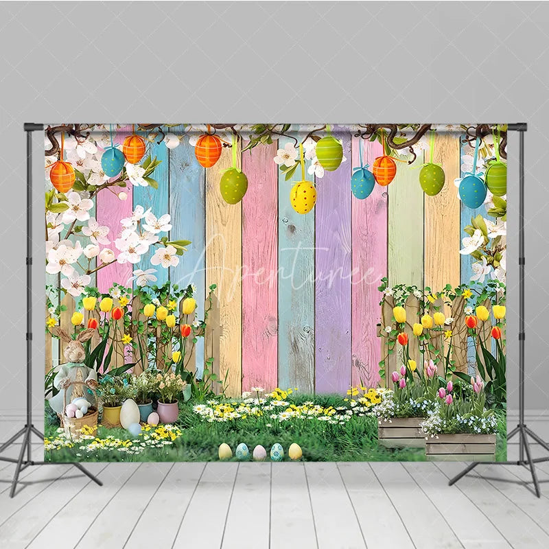 Aperturee - Aperturee Easter Garden Backdrop Bunny and Colorful Eggs with Tulip Flowers Background Spring Pastel Wood Fence Party Decor