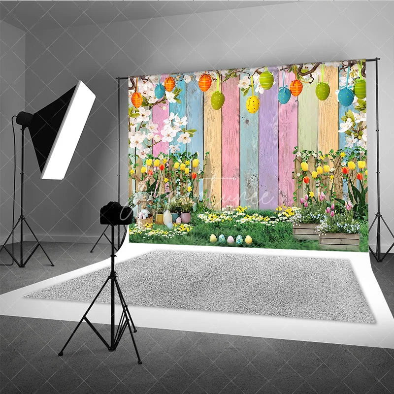 Aperturee - Aperturee Easter Garden Backdrop Bunny and Colorful Eggs with Tulip Flowers Background Spring Pastel Wood Fence Party Decor