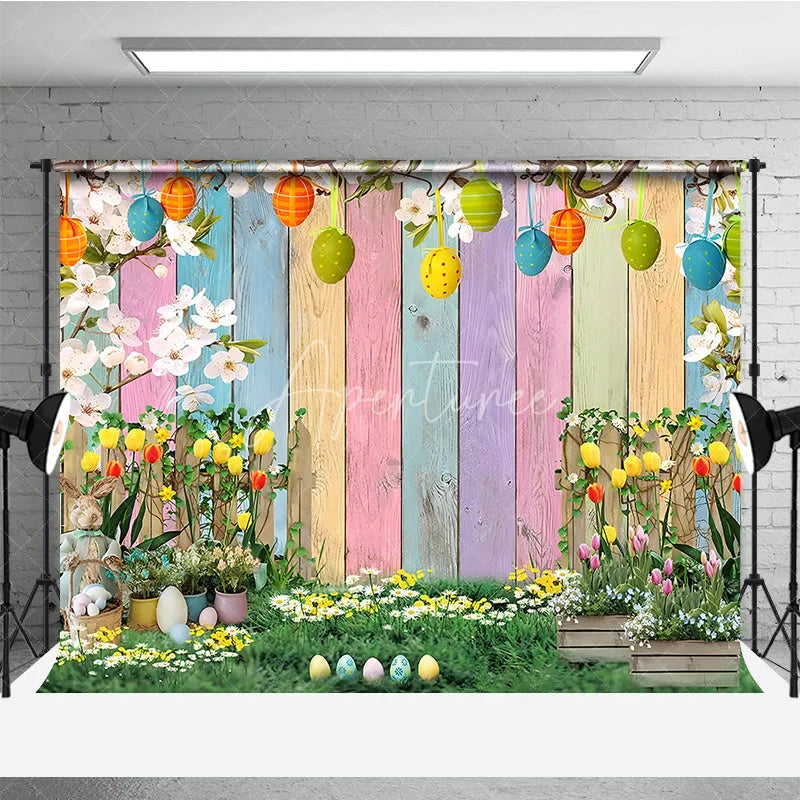 Aperturee - Aperturee Easter Garden Backdrop Bunny and Colorful Eggs with Tulip Flowers Background Spring Pastel Wood Fence Party Decor