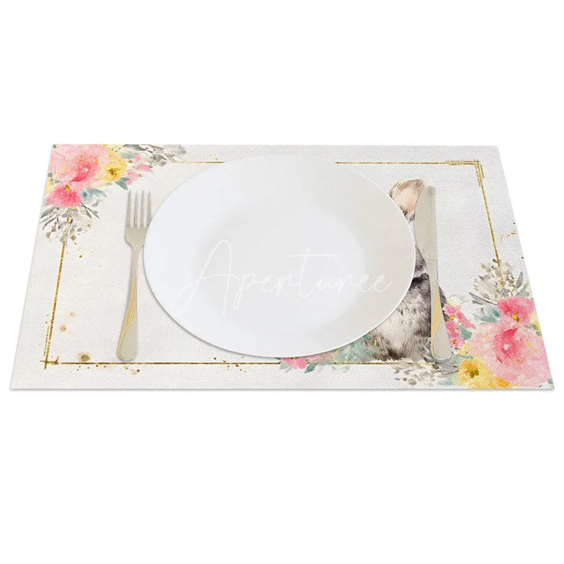 Aperturee - Aperturee Easter Gold Frame Bunny Set of 4 Placemats Watercolor Pink Flower Rabbit Table Mats for Spring