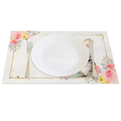 Aperturee - Aperturee Easter Gold Frame Bunny Set of 4 Placemats Watercolor Pink Flower Rabbit Table Mats for Spring
