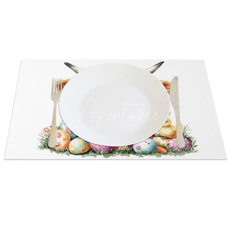 Aperturee - Aperturee Easter Highland Cow Set of 4 Placemats Cute Chick Colorful Eggs Table Mats Spring Holiday Kitchen Table Decoration